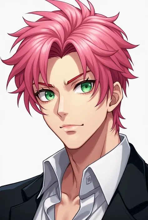 pink hair green eyed man white skin handsome less feminine anime