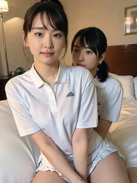 (Masterpiece, Best quality:1.3), (Ultra realistic:1.2), Natural light, 28 years old actress, Japanese women, Neat and clean, (White tennis uniform, White short-sleeve polo shirt with darknavy line collar:1.1), (unbutton:1.3), (White pleated skirt:1.1), whi...