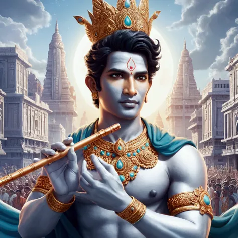 a close up of a man holding a flute in a city, attractive male deity, vishnu, inspired by Kailash Chandra Meher, indian god, hindu aesthetic, fanart, the god of music, ashoka tano, god of moon, official fanart, cyborg hindu godbody, nivanh chanthara, god k...