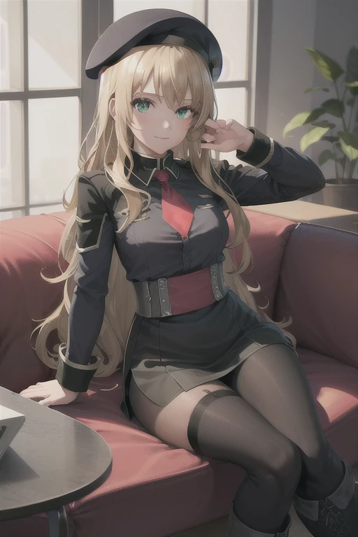 best quality, (masterpiece:1.2), illustration, absurdres,
(1girl, solo), (beautiful detailed girl), 
Mireille, blond hair, long hair, green eyes, medium breasts,
military uniform, black beret, grey shirt, black skirt, grey leggings, boots, red sash, red ne...