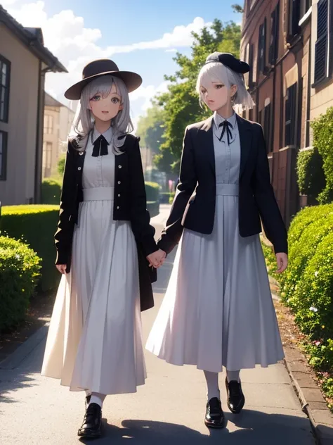 Pastel tones、High definition、Anime-like、Gentle Hills、High and blue sky、A shining white cumulonimbus cloud、（A wide-brimmed hat, silver hair, long skirt and cardigan）With the lady（Classical maid outfit）maid、Two women walking together