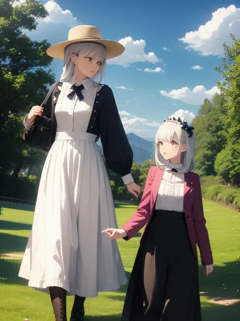 Pastel tones、High definition、Anime-like、Gentle Hills、High and blue sky、A shining white cumulonimbus cloud、（A wide-brimmed hat, silver hair, long skirt and cardigan）With the lady（Classical maid outfit）maid、Two women walking together