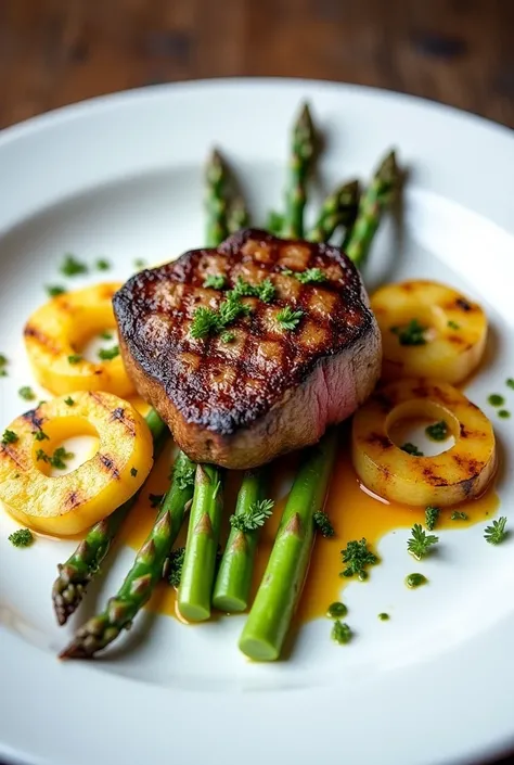 I&#39;m going to make a dish: Filet mignon with grilled pineapple, plantain chips, asparagus, Chimichurri sauce and mango-jalapeño sauce. How would that preparation look in a nice plating??