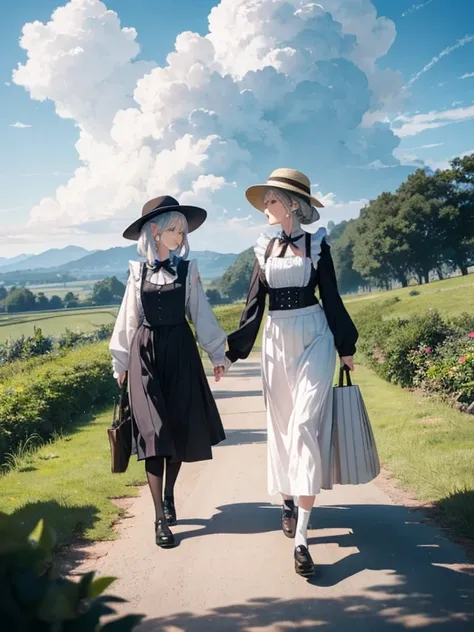 Pastel tones、High definition、Anime-like、Gentle Hills、High and blue sky、A shining white cumulonimbus cloud、（A wide-brimmed hat, silver hair, long skirt and cardigan）With the lady（Classical maid outfit）maid、Two women walking together