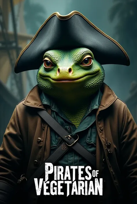 Create a cinematic poster featuring photorealistic portrait of Dressed animals - a ((fat)) iguana pirate, , wearing  pirate costume and  pirate hat , with a serious, intense expression, He should be slightly off-center in the composition, The background sh...