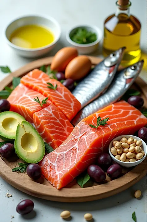 Generate me an image with all the foods that I will mention to you:
salmon, sardines, tuna.
 olive, canola, Sunflower, corn and soybeans.
 Avocado and olives.
N Almonds, peanuts, pinions.