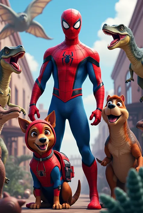 Birthday panel with Spider-Man with the patrol dog in Spider-Man outfit and dinosaurs