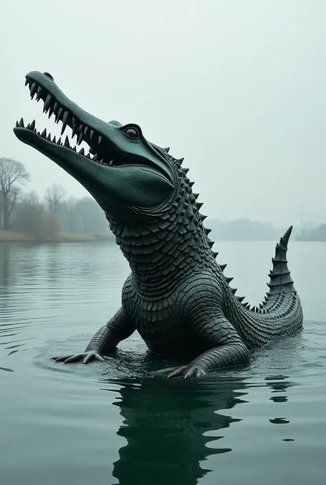 Sculpture based on the concept of a crocodile emerging from the water, but there is no crocodile in the work, which represents progress and reconciliation.
