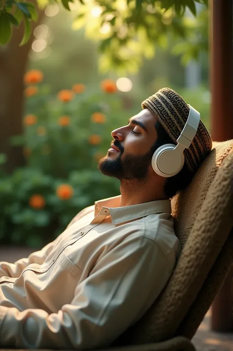 grading in a garden
Create me an image of a White
young muslim man with a beard
and a small mustache, wearing
headphones and muslim cap,
laying on bed in a room on chair
closed eyes relaxing create a
cinamatic look with best