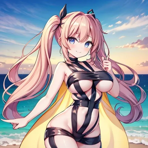 masterpiece,highest quality,Valley Haze,cute,beautiful hair,beautiful bust,beautiful hips,hot limit costume,Healthy bare skin,big breasts,well-shaped chest,Sea stage,sing with a smile,１girl girl,twintailshair,cute,coastal