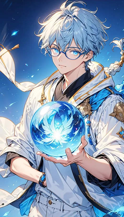  Code Name: Aether Star, Wearing a white and blue fashion jacket、Wearing glasses、Handsome young man holding a glowing blue energy ball in his hand, Blue background, Very detailed, Ultra-high resolution, 32k Ultra HD, Highest quality, masterpiece, 