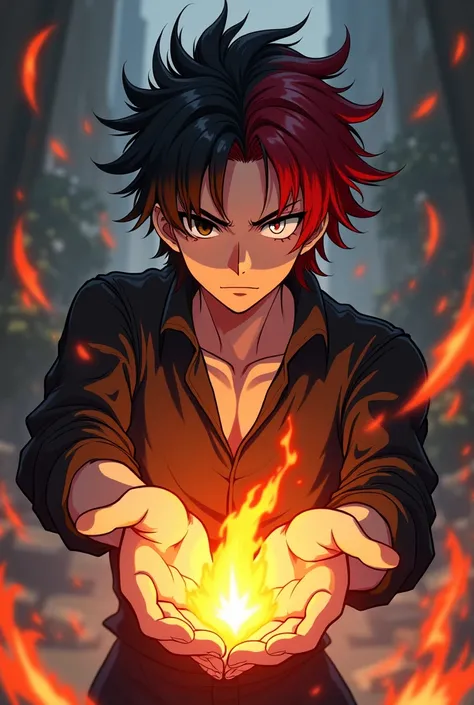 Anime style male character with one black eye and one white eye, black hair half red with 1,67 tall, and with fire power in the palm of his hand
