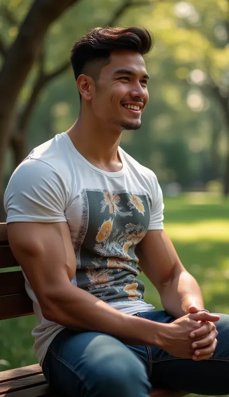 photorealistic, best quality, masterpiece, extremely detailed, sexy, homoerotic, extremely handsome, youthful, 25 year old muscular bruneian man, ((muscular bodybuilder)), ((massive thighs)), fitted graphic print tshirt, tight jeans, big smile, happy, sitt...