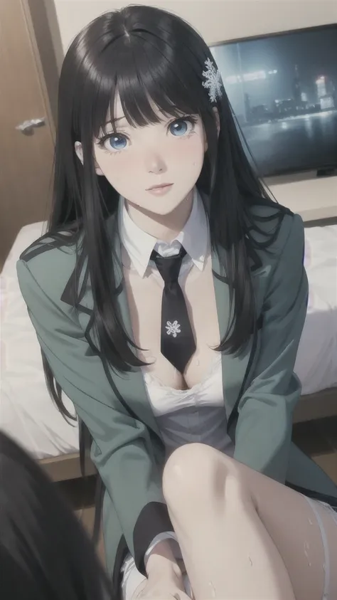 1 personの, alone, masterpiece, Highest quality, 
The Irregular at Magic High School, Miyuki Shiba, Shiba Miyuki, iris, blue eyes, tsurime, eyelash, Black Hair, Long Hair, Hime cut, Straight hair, Blunt bangs, blunt end, Side Lock, hair ornaments, snowflake...