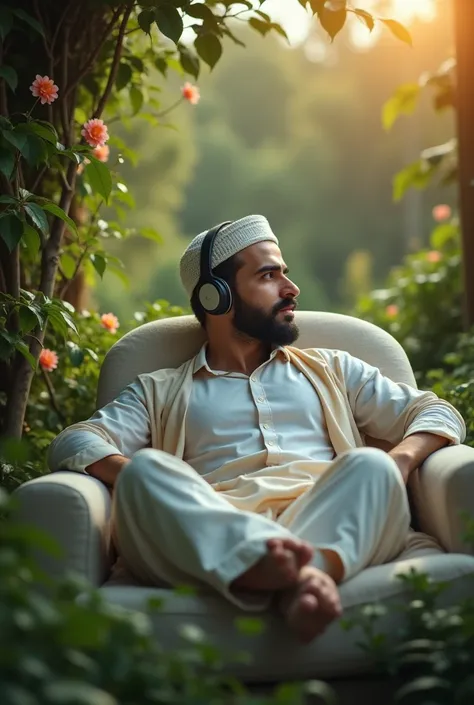 grading in a garden
Create me an image of a White
young muslim man with a beard
and a small mustache, wearing
headphones and muslim cap,
laying on bed in a room on chair
closed eyes relaxing create a
cinamatic look with best