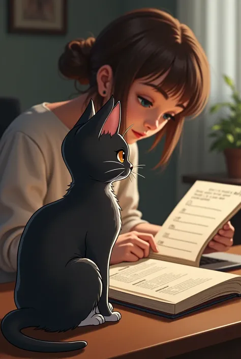 A cat watching a person looking at a schedule book