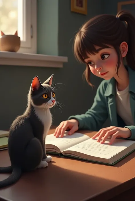 A cat watching a person looking at a schedule book