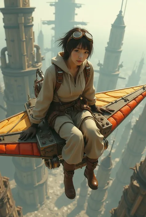 In the steampunk world, A Japanese woman in her 50s with short hair and a standard body type flies through the sky on a steampunk hang glider., She has a boyish look with brown hair and brown eyes., Steampunk Sky City, steampunk airship, Loose fit steampun...