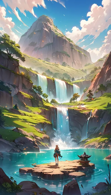 Long desert, sky limpo, cenáRiu, moonligh, stele, high qualiy, anime style artwork, best qualityer, high qualiy, Extremely detailed CG 8k unity wallpaper, paisaje, open air, sky, nube, sky, sin humanos, moutain, paisaje, water, tree, blue sky, waterfall, c...