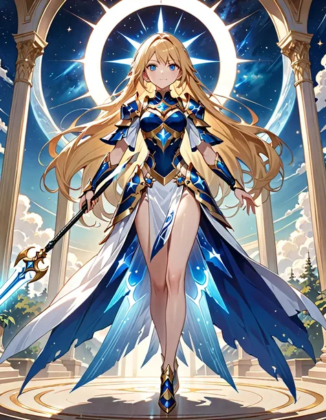 (((masterpiece, best quality, 16k))) female character with long blonde hair and bright blue eyes. she wears a celestial armor in...