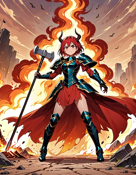 (((Masterpiece, best quality, 16k))) female character with short red hair and dark brown eyes. She wears a dragon-themed armor in black, red, and gold. wields a massive war hammer. The character has an angry expression, with a burning battlefield as the ba...