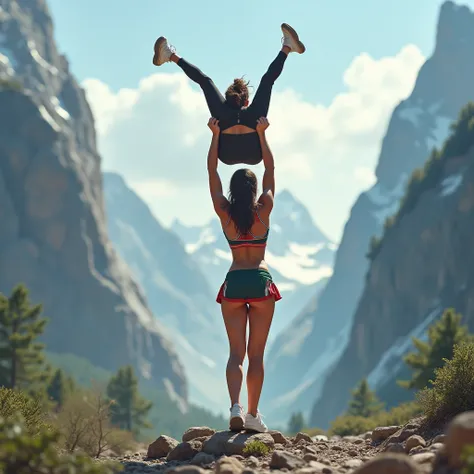 Beautiful teen lifting a man high over her head with her strong arms. She is standing on a cliff with tall Mountains in the background. She is dressed in sexy cheer attire.