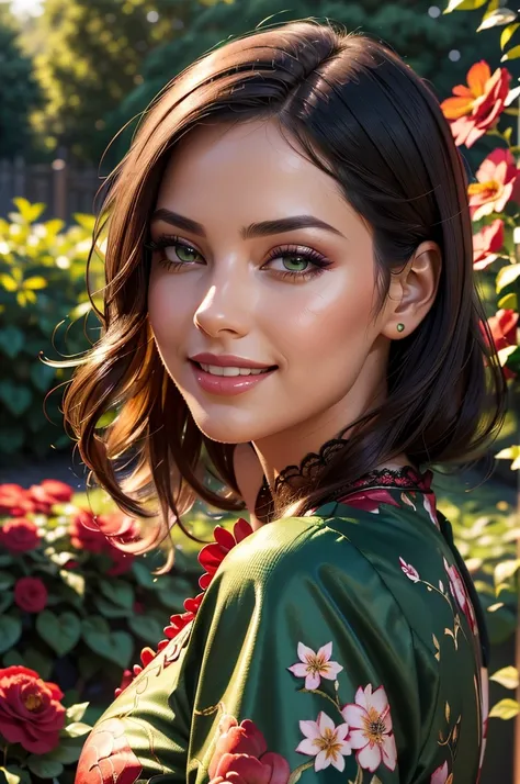 a gorgeous woman, wearing a floral Dark green and red lace outfit, portrait view, smiling, garden background, detailed face, beautiful eyes, detailed lips, long eyelashes, photorealistic, hyper detailed, 8k, high quality, oil painting, lush garden, vibrant...