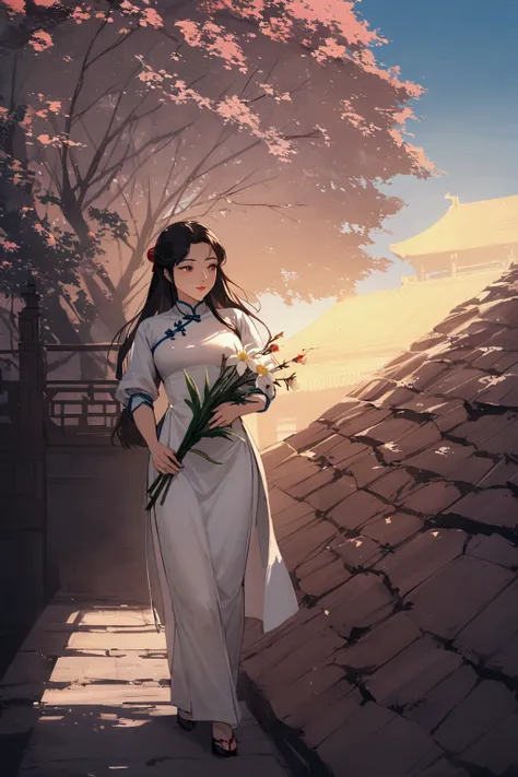 there is a woman standing on a sidewalk holding a flower, ao dai, in style of lam manh, white hanfu, cheongsam, traditional chinese clothing, with acient chinese clothes, a young asian woman, inspired by Cui Bai, young asian girl, with flowers, vietnamese ...