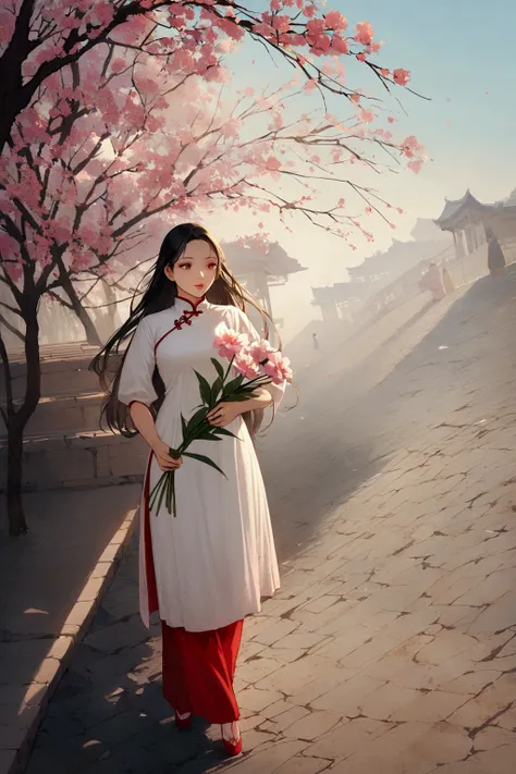 there is a woman standing on a sidewalk holding a flower, ao dai, in style of lam manh, white hanfu, cheongsam, traditional chinese clothing, with acient chinese clothes, a young asian woman, inspired by Cui Bai, young asian girl, with flowers, vietnamese ...