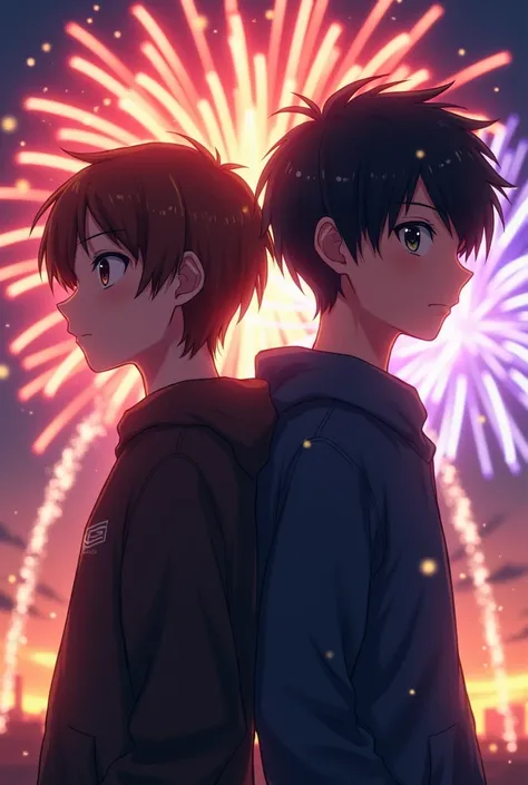 Two high school boys are standing back to back with fireworks in the background。The boy on the left has brown hair that reaches down to his shoulders.。The guy on the right has black hair, anime style, and they both look kind of cute.