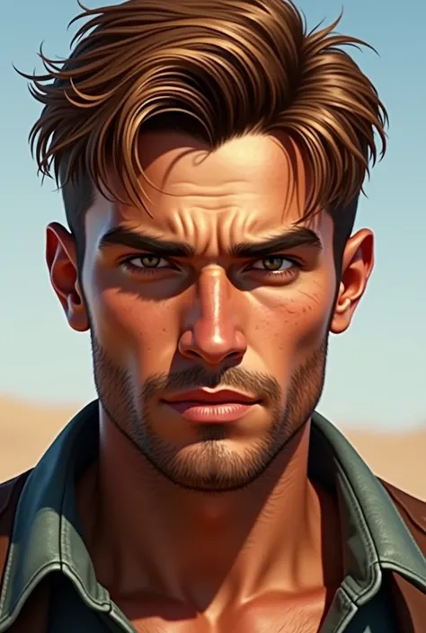 Create a hyperrealistic illustration of a young man, tanned skin, jaw and marked features, brown eyes, and medium long hair, well combed back and copper brown color