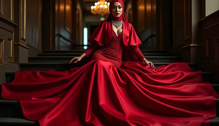 An malay woman in glamorous red mermaid evening dress, long ballon sleeve bolero, long satin scarf wrapped around her arms, wear jewellery, wear modern satin hijab, entirety of fabric over botom dress about 7 meters in length trailing dramatically, glamour...