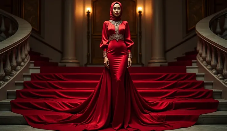 An malay woman in glamorous red mermaid evening dress, long ballon sleeve bolero, long satin scarf wrapped around her arms, wear jewellery, wear modern satin hijab, entirety of fabric over botom dress about 7 meters in length trailing dramatically, glamour...