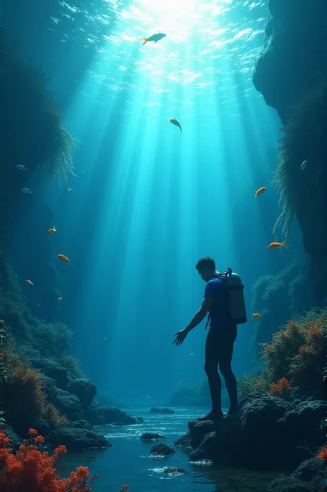 A man touching the bottom of the sea.