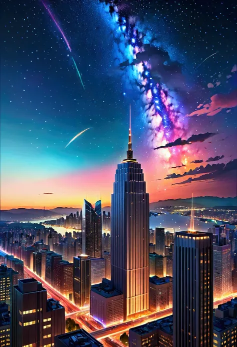 a beautiful night cityscape, a towering skyscraper overlooking the urban skyline, colorful shooting stars streaking across the night sky, dramatic lighting, cinematic composition, vibrant colors, photorealistic, 8k, (best quality,4k,8k,highres,masterpiece:...