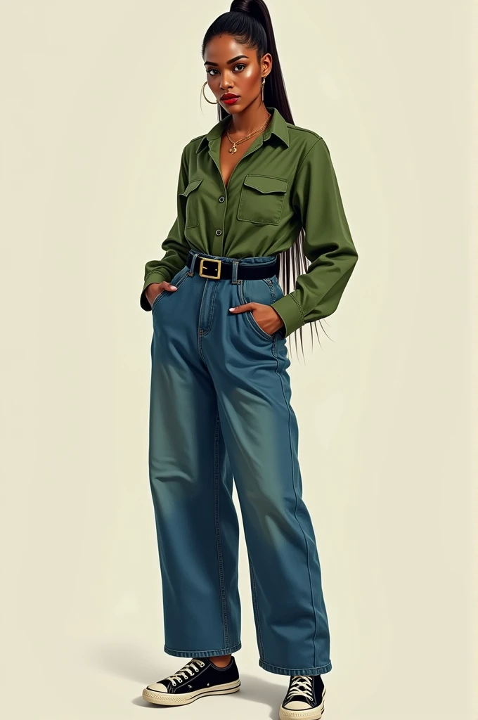 Minerva Merchant, 28-year-old woman, long, tied-back hair, light brown complexion, red lips, big, black eyes, small earrings, long green shirt, long blue jeans, black belt, black and formal tennis shoes.