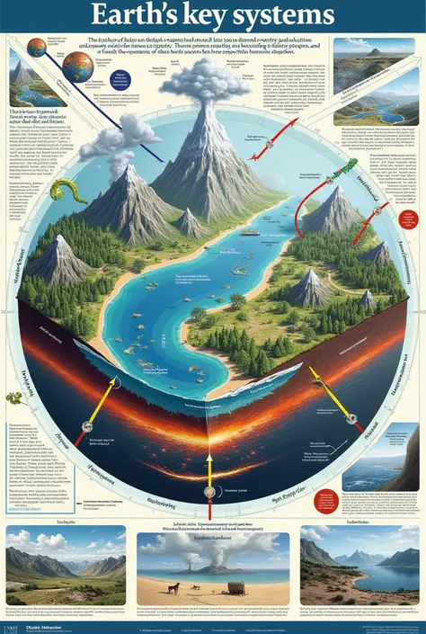 Create a poster illustrating a real-world example of the Interaction between Earths subsystems (biosphere, geosphere, hydrosphere, atmosphere). This could include:

A. A diagram showing how matter and energy flow across subsystem boundaries (e.g., water cy...