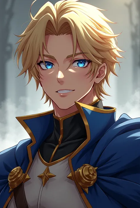 anime man with slightly long blond hair and blue eyes, with the name lancelot 