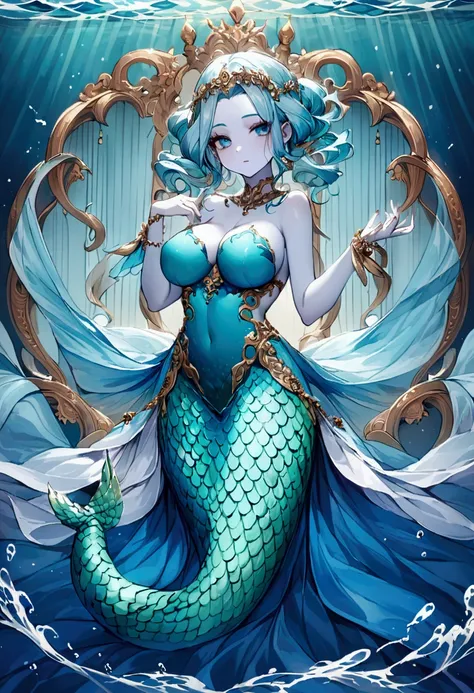 A lovely woman mermaid (Turquoise colored hair, Pale skin, Blue scales, breast coverage）Stretching in the sea，Dance，Show your whole body，Side view，Focus on the tail