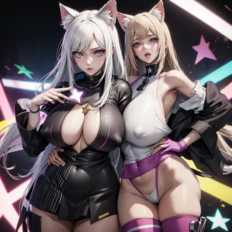 (masterpiece, best quality), ((1 Girl, (Mature female) Long hair), (Star-shaped pupil,  +_+, Symbol-shaped pupil, Bright Eyes), (Cat ears, Open your mouth)), (Looking at the audience, A faint smile, Off-shoulder), (Abstract, Multicolored background, Abstra...