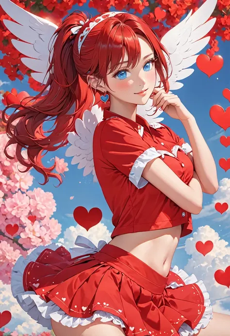  in red dress with heart shaped wings sticking out of her skirt, single girl, alone, one eye closed, jewelry, hair band, ponytail, red hair, heart, looking at viewer, blue eyes, long hair, earrings, short shirt, belly, red shirt