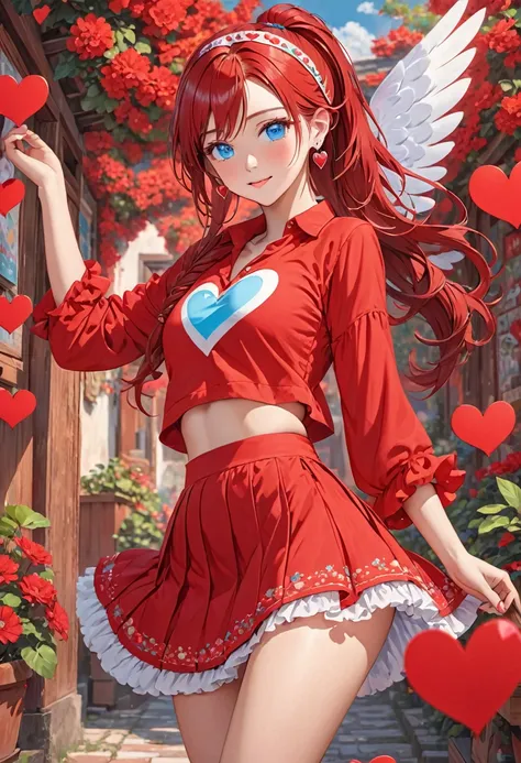  in red dress with heart shaped wings sticking out of her skirt, single girl, alone, one eye closed, jewelry, hair band, ponytail, red hair, heart, looking at viewer, blue eyes, long hair, earrings, short shirt, belly, red shirt