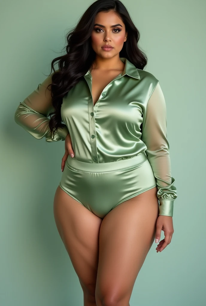 a full length portrait, (head to toe) 36 year old pakistani woman, (a alluring plus size model) ((slob)) tight satin shorts, neck high light green shirt (transparent sleeves) (tight satin shirt), curves, (satin salwar kameez) (glossy satin clothes) hot wom...