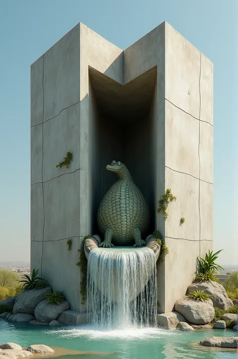 A crocodile egg sculpture with a baby crocodile emerging from a concrete 2-meter tall building with a flowing fountain.