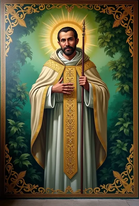 Create a mural of Santo Toribio de Mogrovejo in green colors 