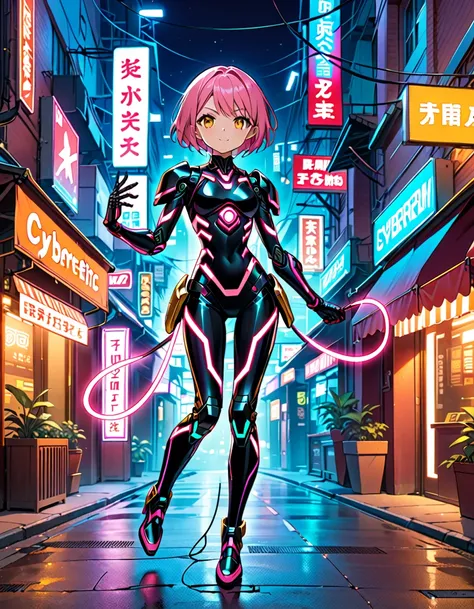 (((Masterpiece, best quality, 16k))) female character with short pink hair and golden eyes. She wears a cybernetic armor in neon green, black, and silver. wields an energy whip. The character has a playful expression, with a neon-lit street as the backgrou...