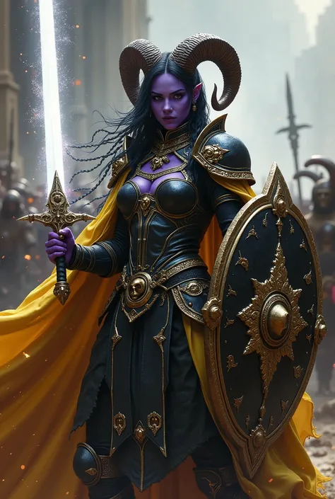 ((portrait, upper torso, armored female paladin, battle worn gloss black lacquered armor:1.4, gold filigree, etched, gold cloak, (((((purple skin Tiefling, black ram horns))), [glossblack hair:dark hair:0.8]))), blackout eyeshadow, iron tiara), braids, (((...