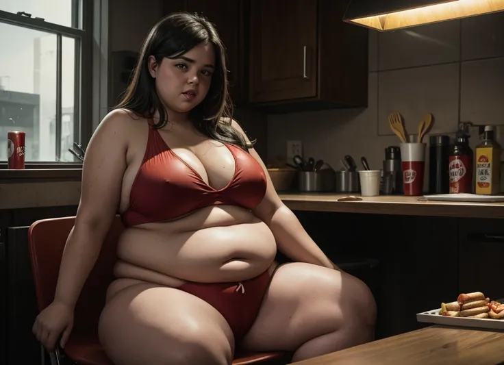 a very overweight and obese girl in a red bikini sitting in a kitchen in front of a table eating various fast foods, hot dogs and oily, high-fat foods, her mouth and body covered in ketchup and mustard, an image showing the complex situation of obesity in ...