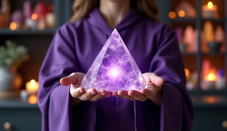 woman in violet priestess cape energizing her home with HIGH crystals, IN your perfect hands with 5 fingers each hand, large pyramid shaped crystal, convey depth, in the background a cabinet full of crystals of different colors, sizes and shapes, in the sc...