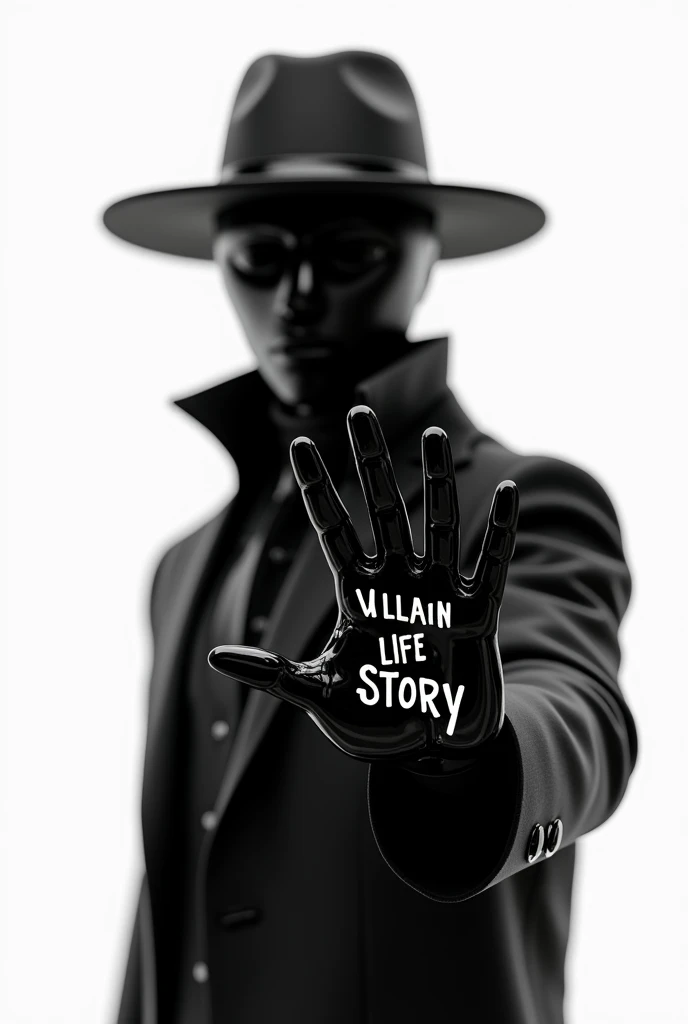 Generste me a image of a black mask hacker showing his hand and just make the background white and also write the text villain life story on the hand of the black mask hacker. Dont show the face of hacker , make it completely black and make him wearing bla...